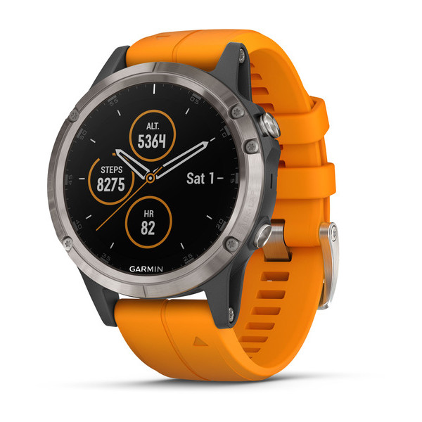 Garmin fenix 5 Plus Sapphire Titanium met solar flare oranje band multisport gps WayPoint Zolder navigatie