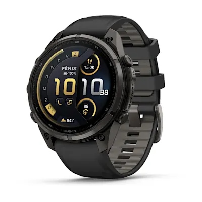 Garmin Fenix 9 Pro 47mm Amoled Inreach Carbon Grey DLC titanium met siliconen band in Zwart/Pebble Gray