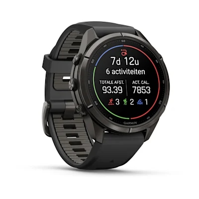 Garmin Fenix 9 Pro 43mm Amoled Inreach Carbon Grey DLC titanium met siliconen band in Zwart/Pebble Gray